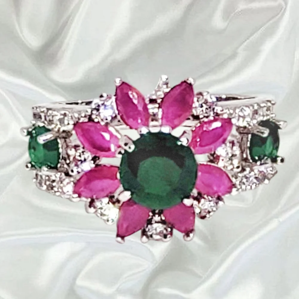 Sterling Silver Ring with Faux Emeralds & Rubies Ring